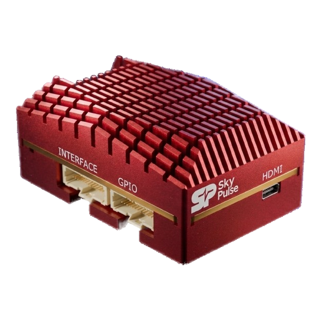SkyPulse Helios FMU product render, three-quarter view, red anodised heatsink