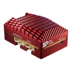 SkyPulse Helios FMU, the flight controller and companion computer in the Evaluation Kit, three-quarter view, red anodised heatsink