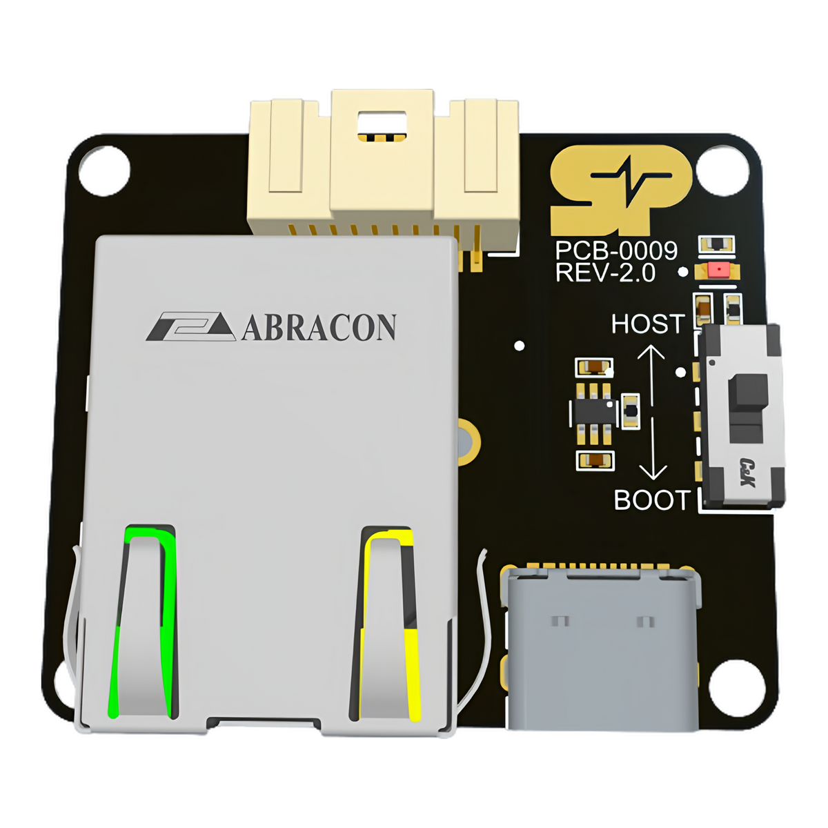 SkyPulse Breakout Board, top-down view, showing the 20-pin Molex Pico-Clasp Interface connector, the Gigabit Ethernet RJ45 jack with its green status and yellow link LEDs, the USB-C port and the HOST / BOOT slide switch