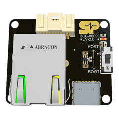 SkyPulse Breakout Board, top-down view, showing the 20-pin Molex Pico-Clasp Interface connector, the Gigabit Ethernet RJ45 jack with its green status and yellow link LEDs, the USB-C port and the HOST / BOOT slide switch