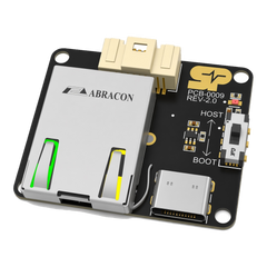 SkyPulse Breakout Board, low three-quarter view, showing the Molex Pico-Clasp Interface connector, the RJ45 port and the USB-C port