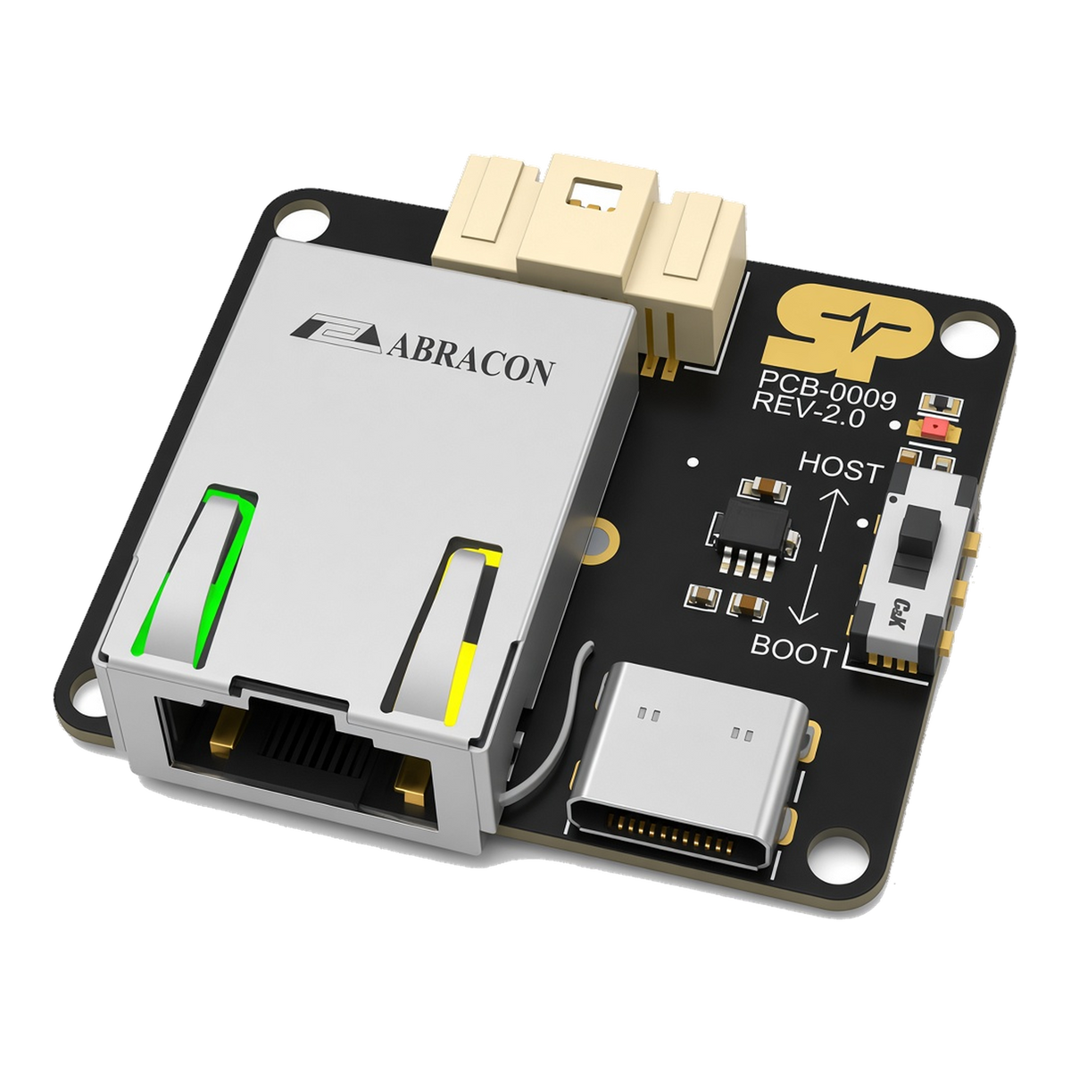 SkyPulse Breakout Board, three-quarter view over the RJ45 end, showing the Ethernet port with its green status and yellow link / activity LEDs