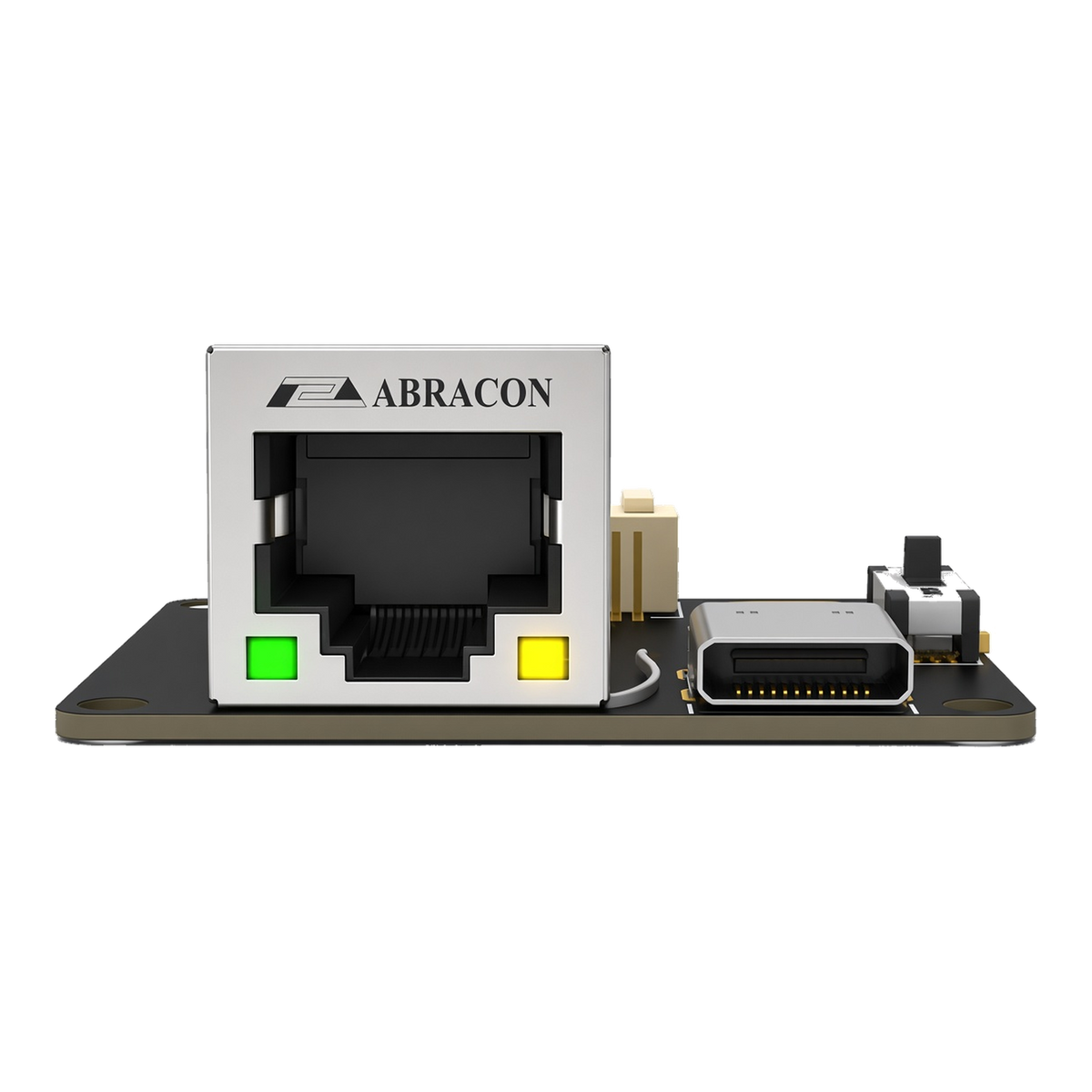 SkyPulse Breakout Board, front elevation, showing the RJ45 jack face with its green status and yellow link LEDs, the USB-C port alongside and the HOST / BOOT slide switch