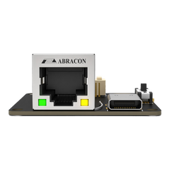 SkyPulse Breakout Board, front elevation, showing the RJ45 jack face with its green status and yellow link LEDs, the USB-C port alongside and the HOST / BOOT slide switch