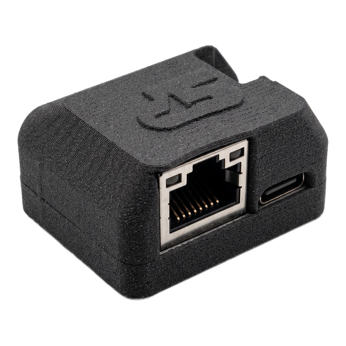 SkyPulse Breakout Board in its enclosure, three-quarter front view, showing the Gigabit Ethernet RJ45 port and the USB-C port