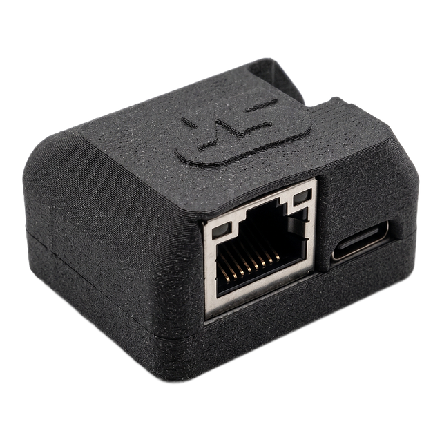 SkyPulse Breakout Board in its enclosure, three-quarter front view, showing the Gigabit Ethernet RJ45 port and the USB-C port