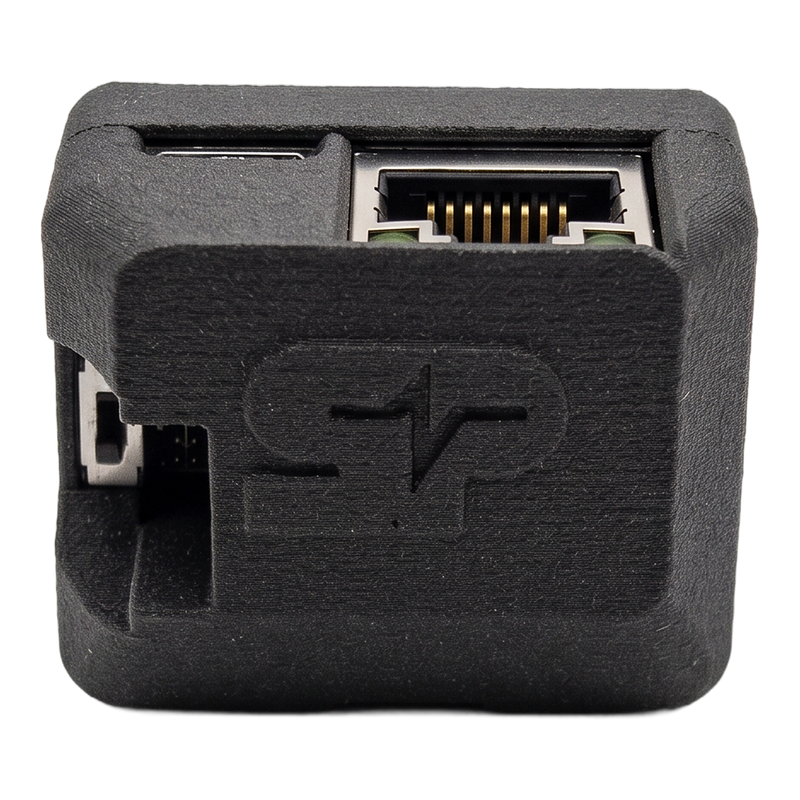 SkyPulse Breakout Board enclosure seen from above, with the SkyPulse logo on the lid and the RJ45 and USB-C ports along the far edge
