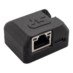 SkyPulse Breakout Board in its enclosure, front view of the RJ45 port and the USB-C port