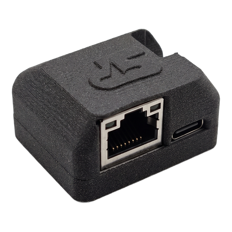 SkyPulse Breakout Board in its enclosure, front view of the RJ45 port and the USB-C port
